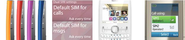 four nokia phones with hot-swap SIM slots, screenshot of dual-SIM
settings, a nokia qwerty keyboard dual-SIM phone, screenshot of dual-SIM
handling