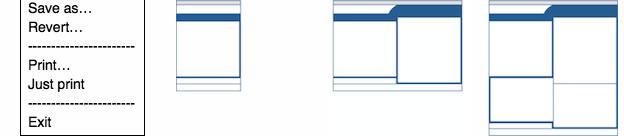 a file menu showing the novell just print menu item (skip the dialog),
three stages of print dialog growth—from compact to double-decker