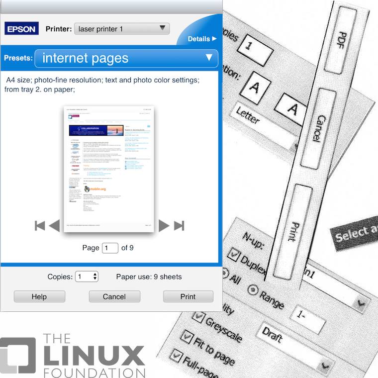 a collage of the compact version print dialog showing the all-important
print preview, the linux foundation logo and paper dialog snippets used
during a creative exercise
