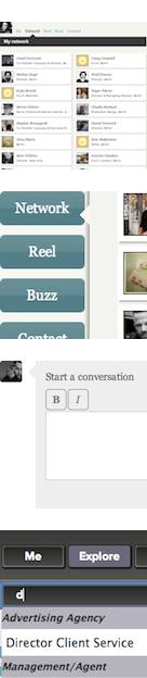 a professional's contacts overview, network button details,
details of starting to write a conversation message and of professional
search filtering
