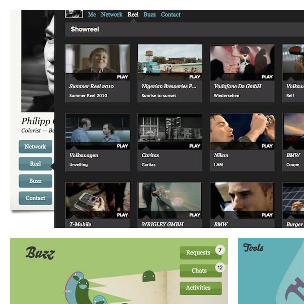 a professional's film gallery overview, impression of the communication
and tools sections of the dashboard page
