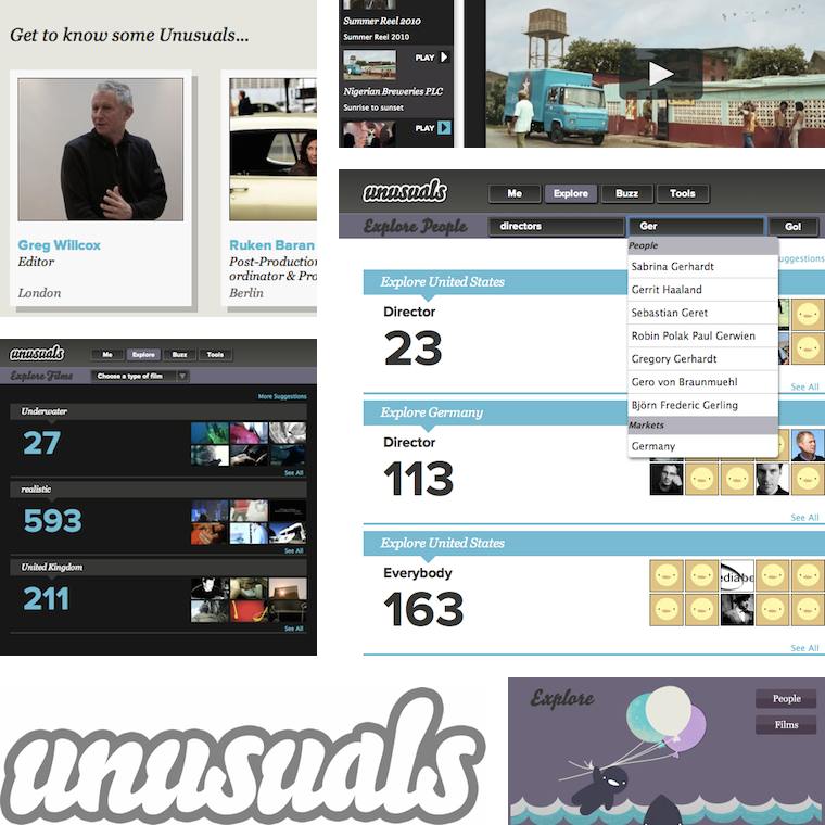 a collage of screenshots of featured user business cards, film
		       playing gallery, professional search filtering results, film filtering
		       results, the unusuals logo and an impression of the explore section of the
		       dashboard page