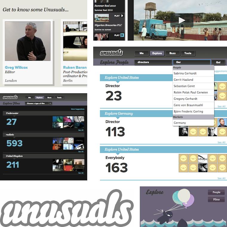 a collage of screenshots of featured user business cards, film
playing gallery, professional search filtering results, film filtering
results, the unusuals logo and an impression of the explore section of the
dashboard page