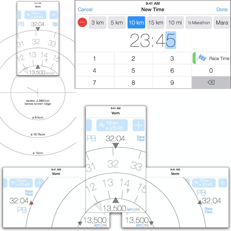 a collage of the main screen in portrait and landscape orientation
with the rotors for exploring time-distance relations, a technical drawing
for the rotors, the screen for swift input of a run time for a distance